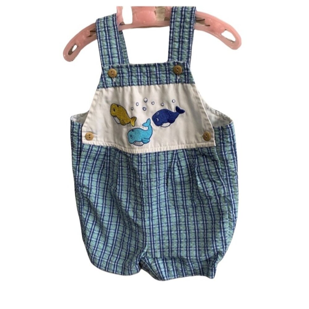 Vintage Nautical Whale Seersucker Romper Shortall 6-9 Months